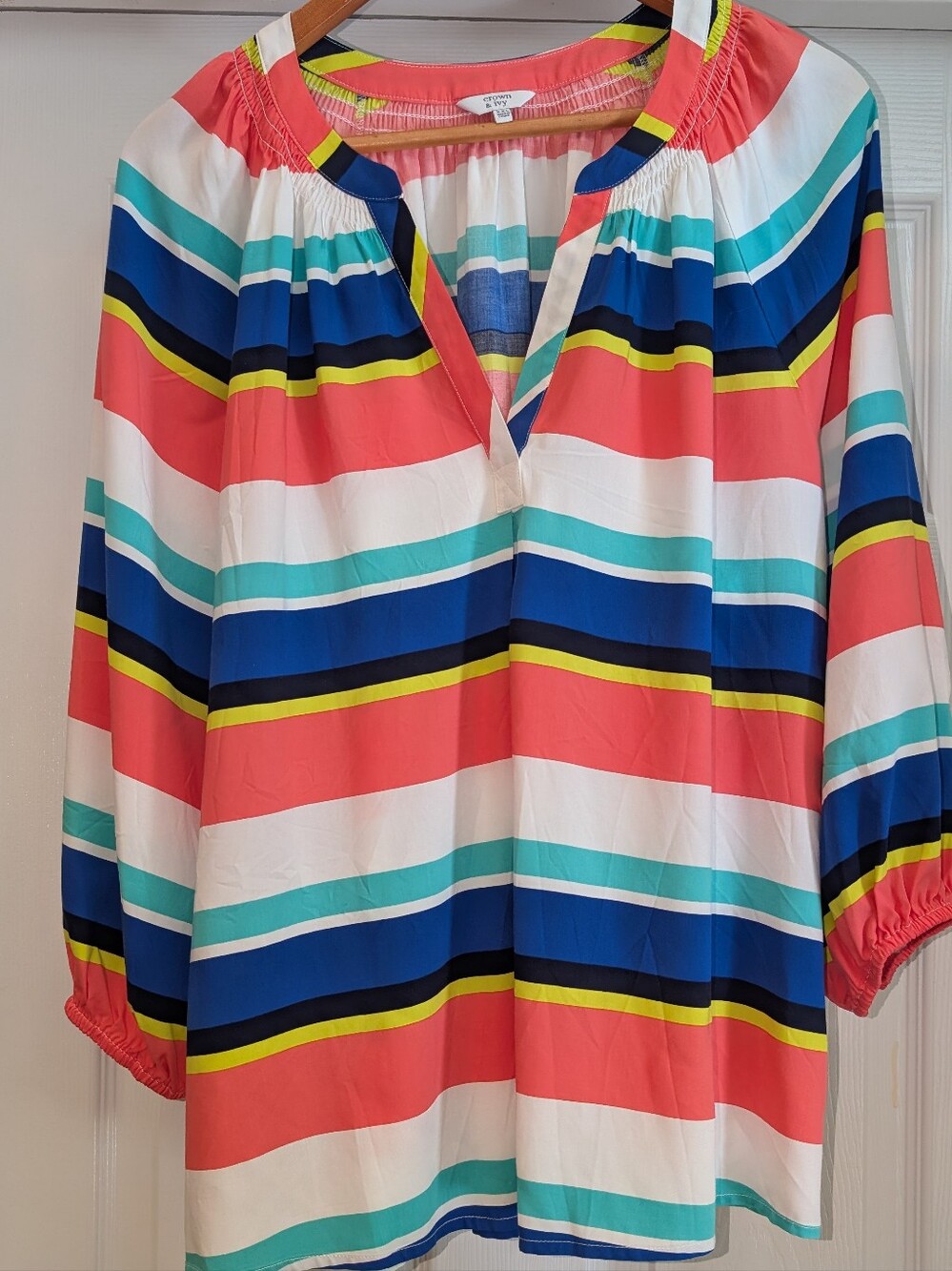 crown & ivy Coral, Navy, Teal & White Striped Split-Neck Tunic Top